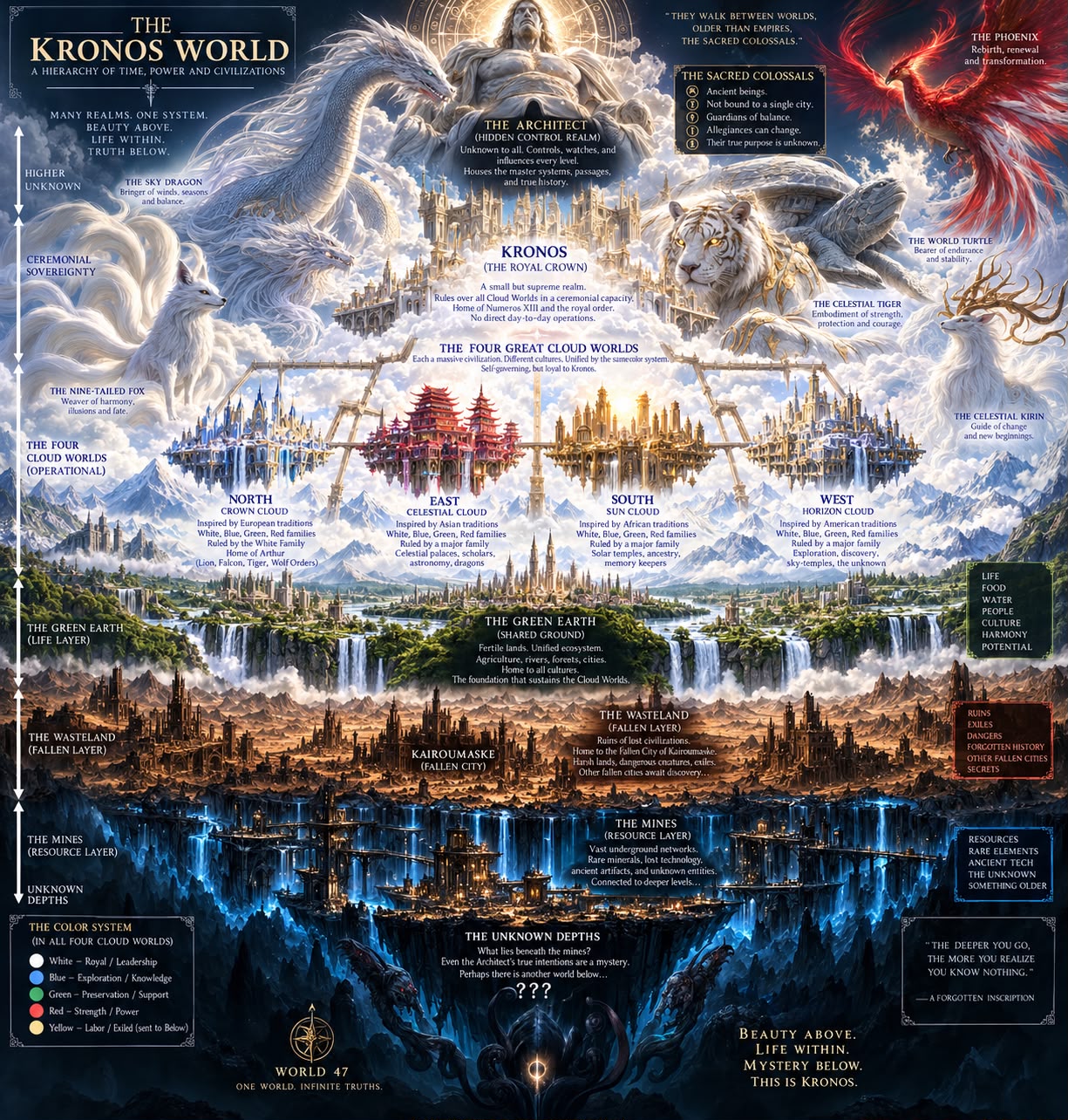 Illustrated Kronos world showing the cloud worlds, Green Earth, wasteland, mines, and unknown depths