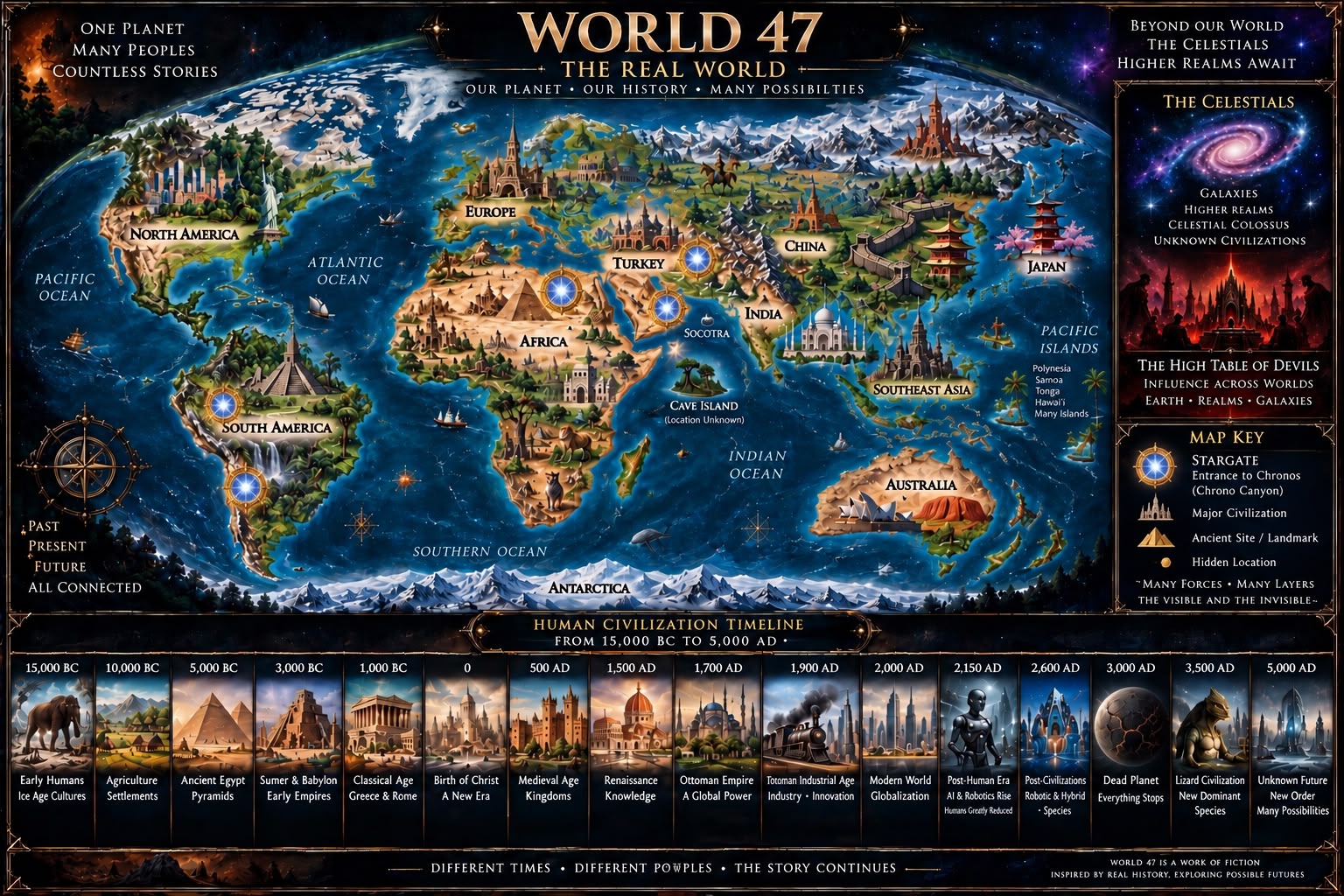 Illustrated World 47 Earth map showing continents, stargates, and a fictional timeline